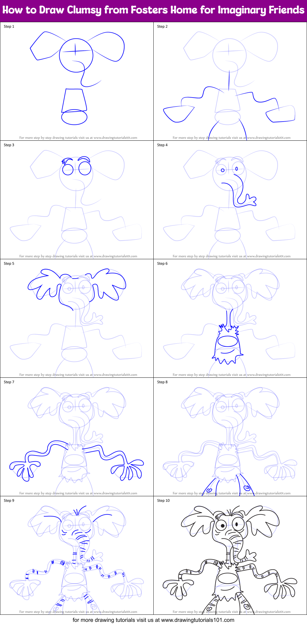 How to Draw Clumsy from Fosters Home for Imaginary Friends Printable Step by Step
