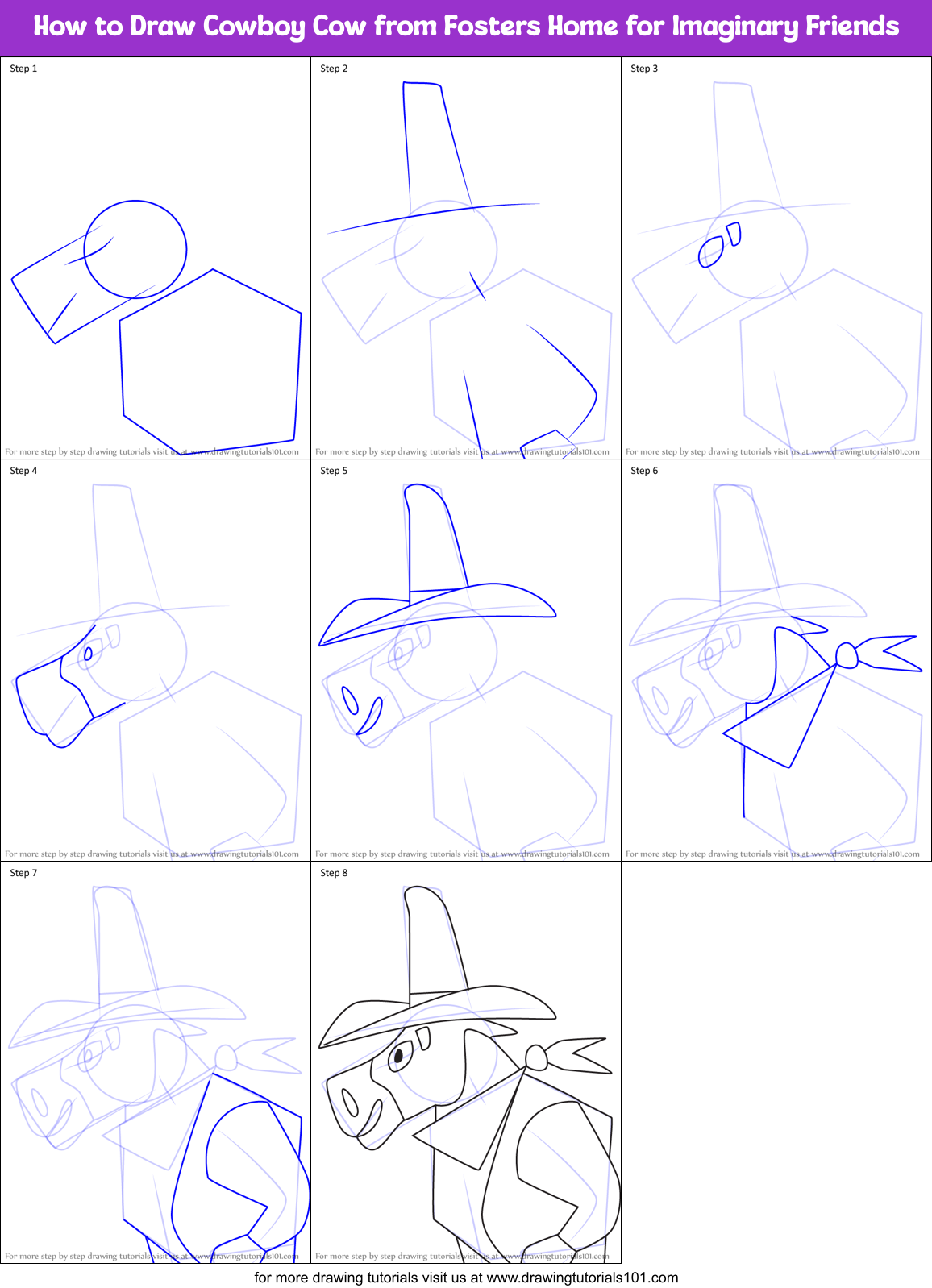 How to Draw Cowboy Cow from Fosters Home for Imaginary Friends Printable Step by Step