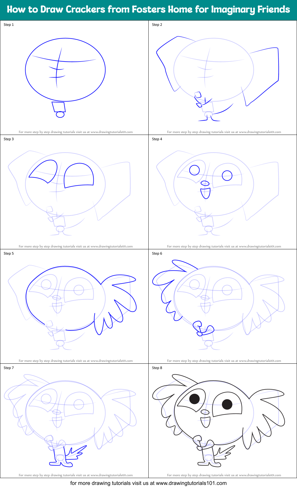 How to Draw Crackers from Fosters Home for Imaginary Friends Printable Step by Step
