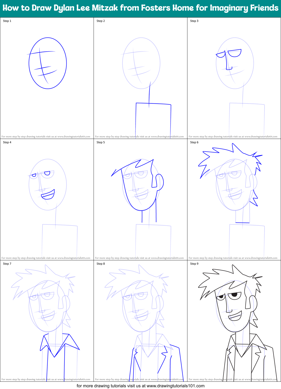How to Draw Dylan Lee Mitzak from Fosters Home for Imaginary Friends Printable Step by Step