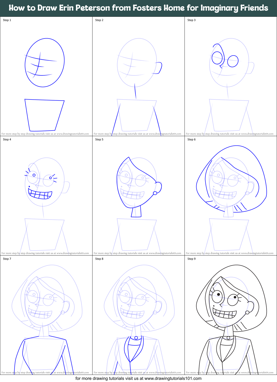 How to Draw Erin Peterson from Fosters Home for Imaginary Friends Printable Step by Step