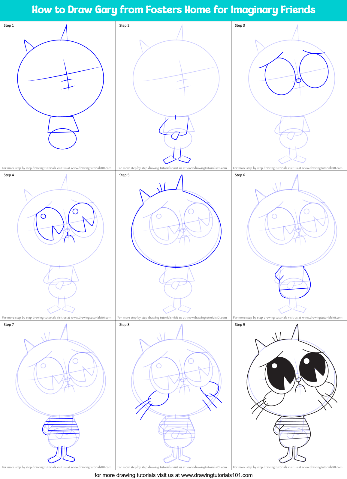 How to Draw Gary from Fosters Home for Imaginary Friends Printable Step by Step