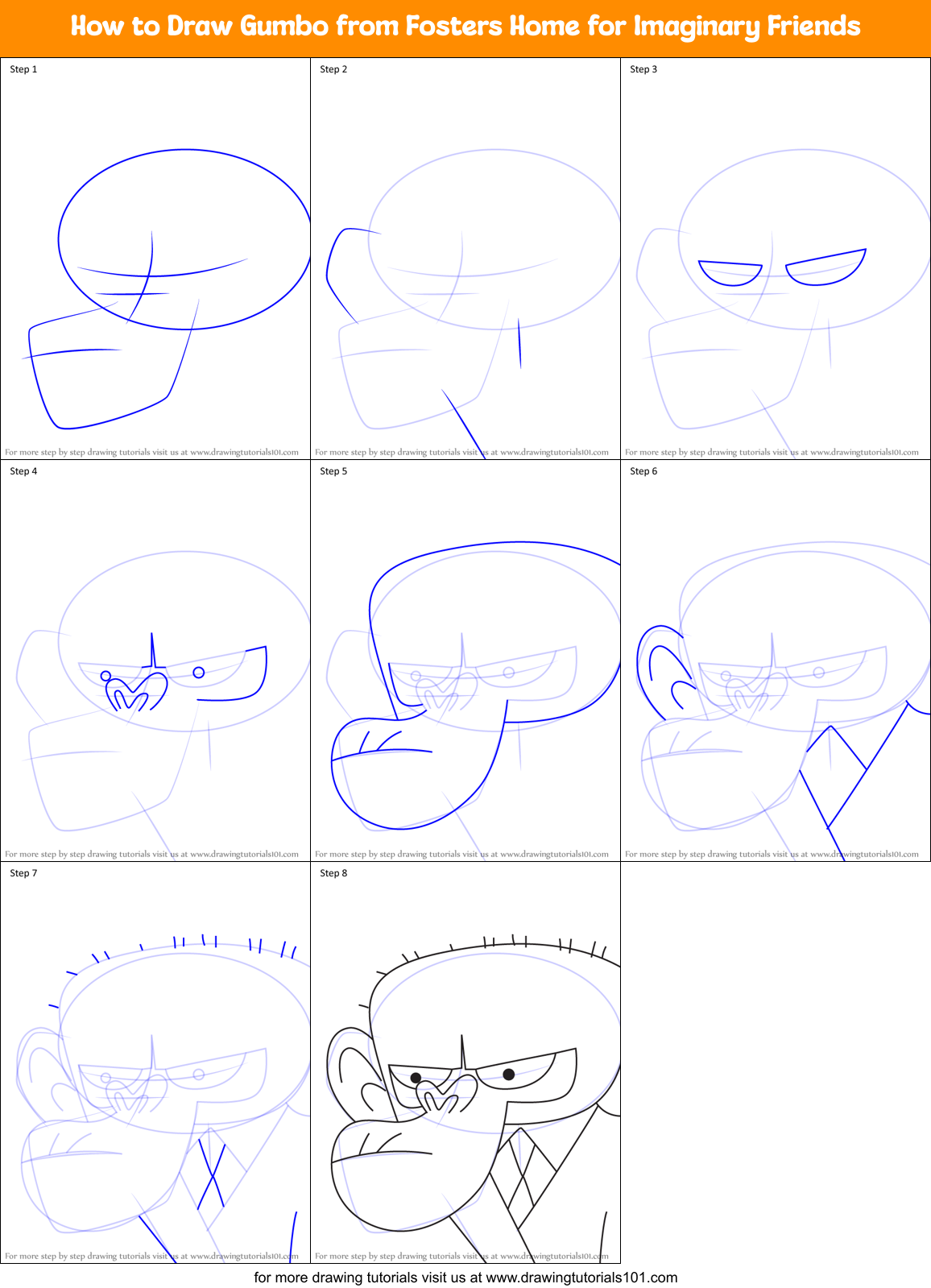 How to Draw Gumbo from Fosters Home for Imaginary Friends Printable Step by Step