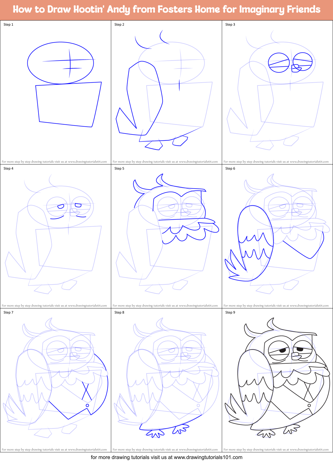 How to Draw Hootin' Andy from Fosters Home for Imaginary Friends Printable Step by Step