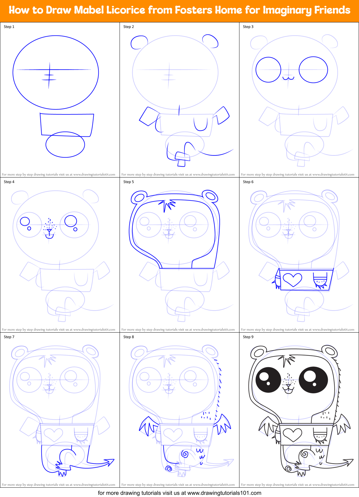 How to Draw Mabel Licorice from Fosters Home for Imaginary Friends Printable Step by Step