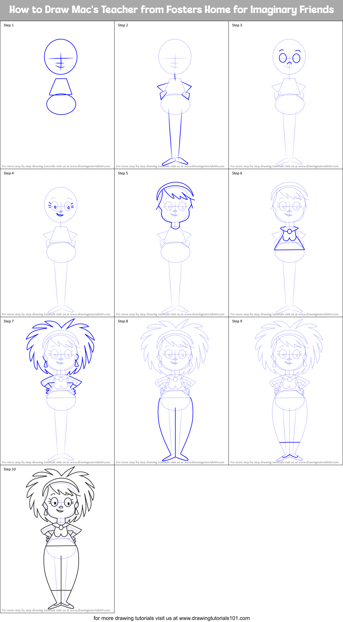 How to Draw Mac's Teacher from Fosters Home for Imaginary Friends Printable Step by Step