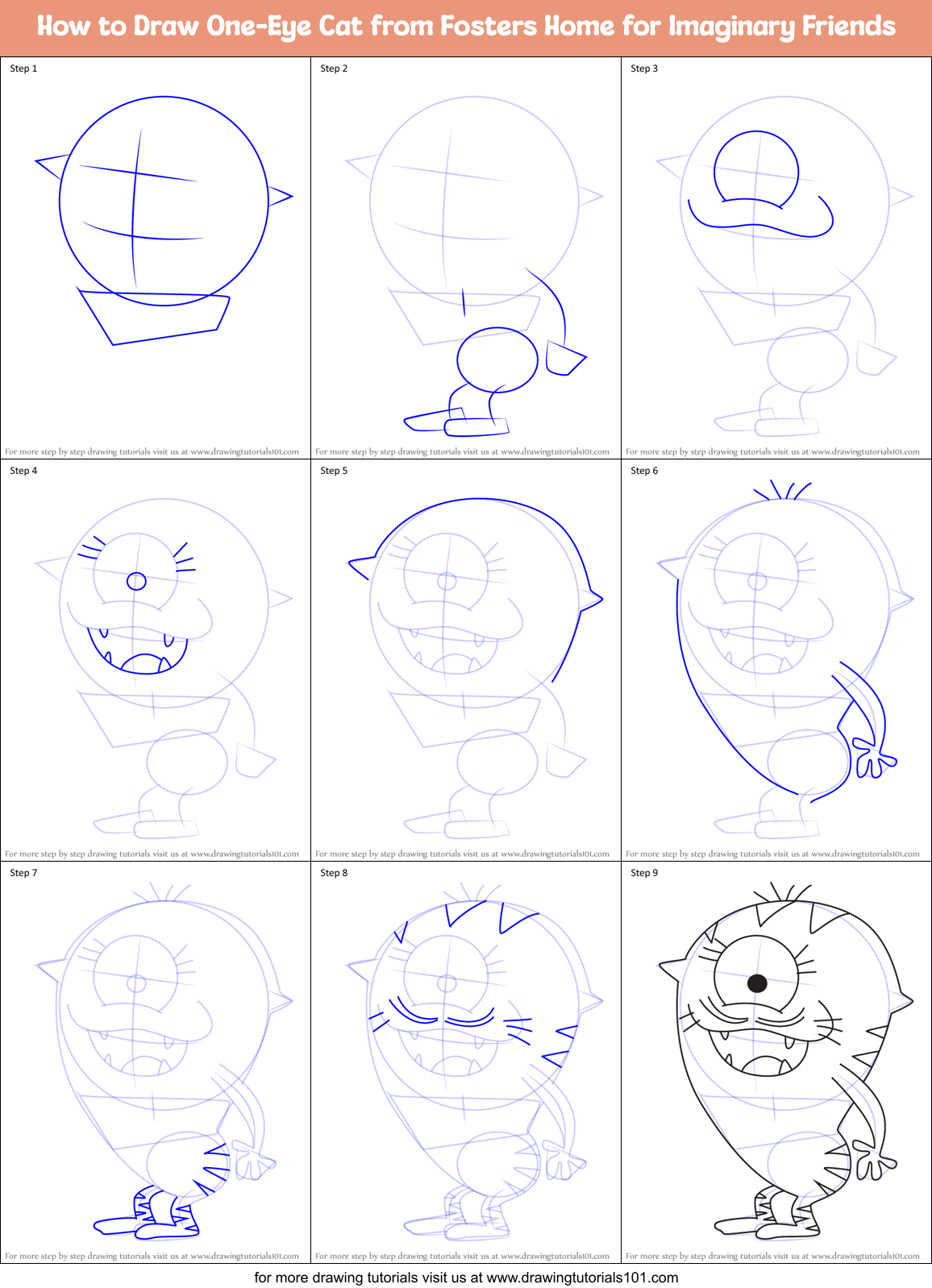 How to Draw One-Eye Cat from Fosters Home for Imaginary Friends Printable Step by Step