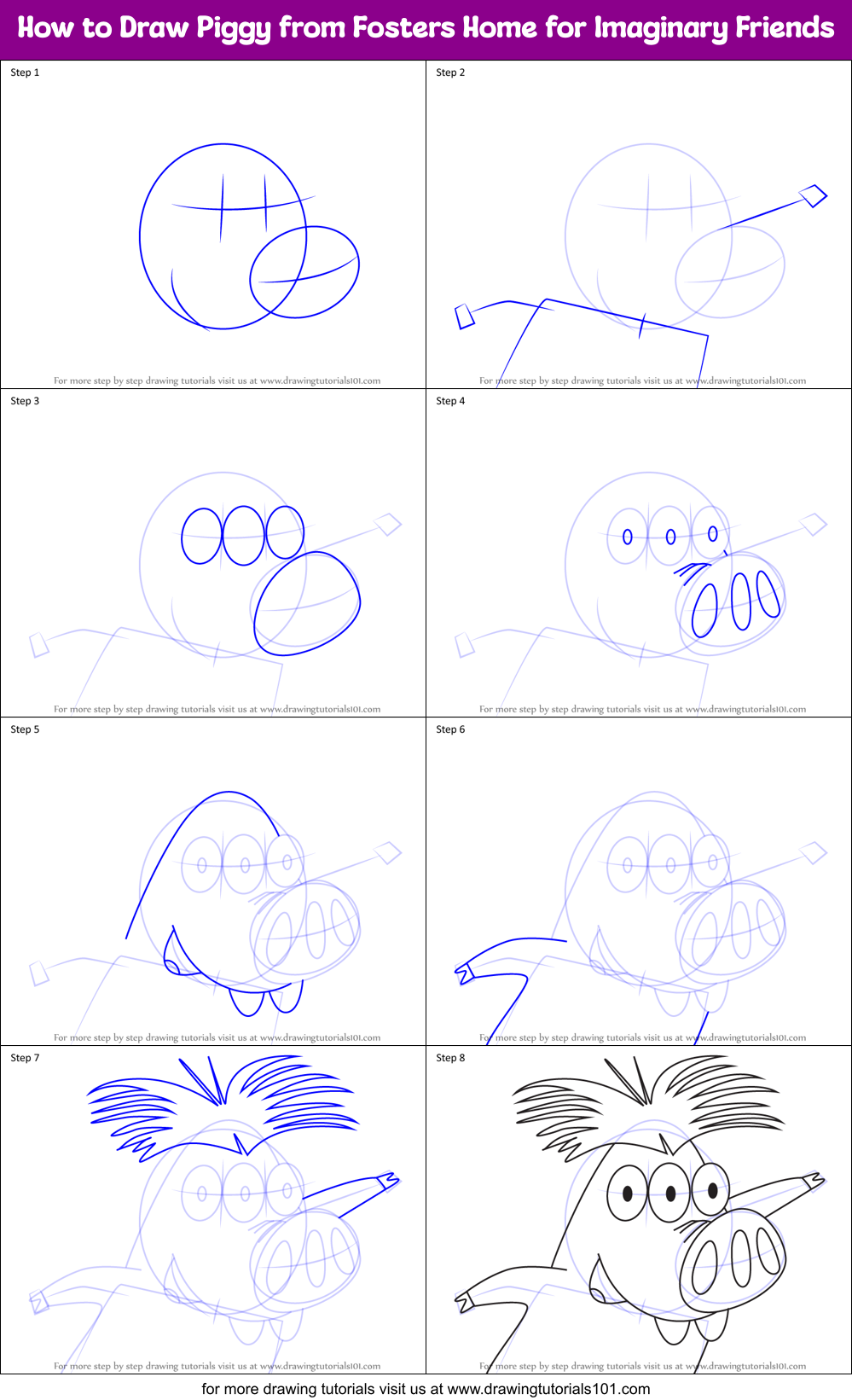 How to Draw Piggy from Fosters Home for Imaginary Friends Printable Step by Step