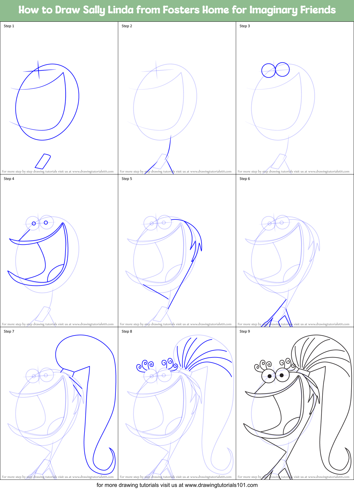How to Draw Sally Linda from Fosters Home for Imaginary Friends Printable Step by Step