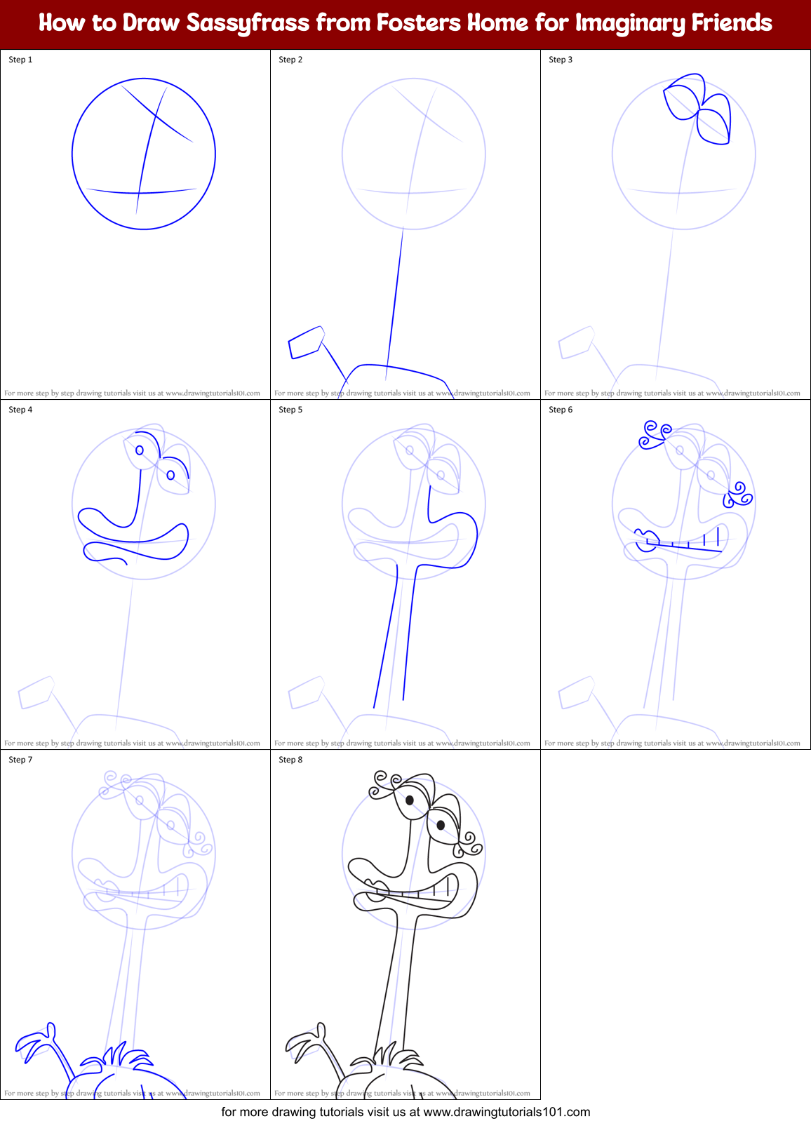 How to Draw Sassyfrass from Fosters Home for Imaginary Friends Printable Step by Step
