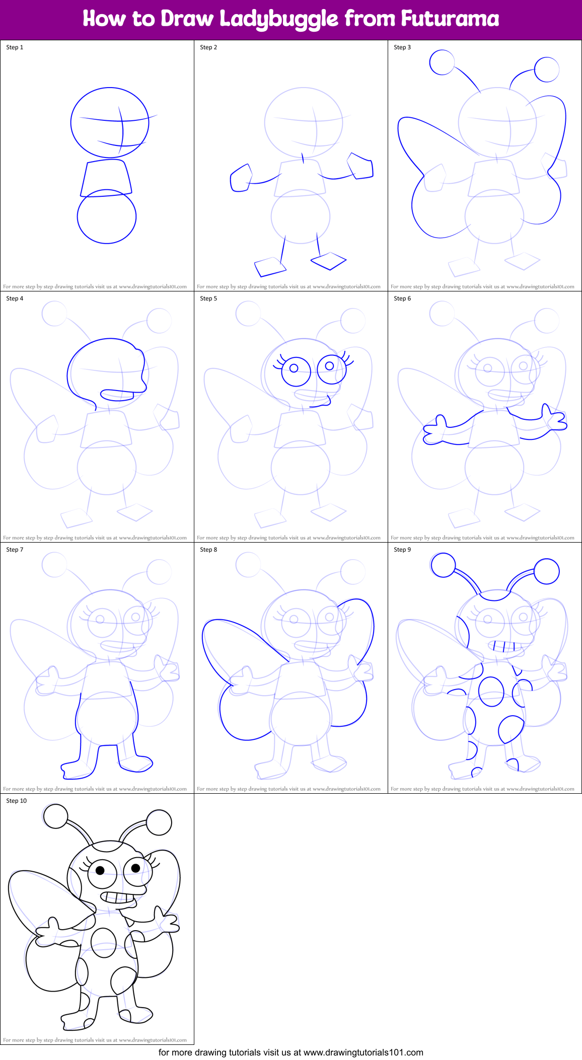 How to Draw Ladybuggle from Futurama Printable Step by Step