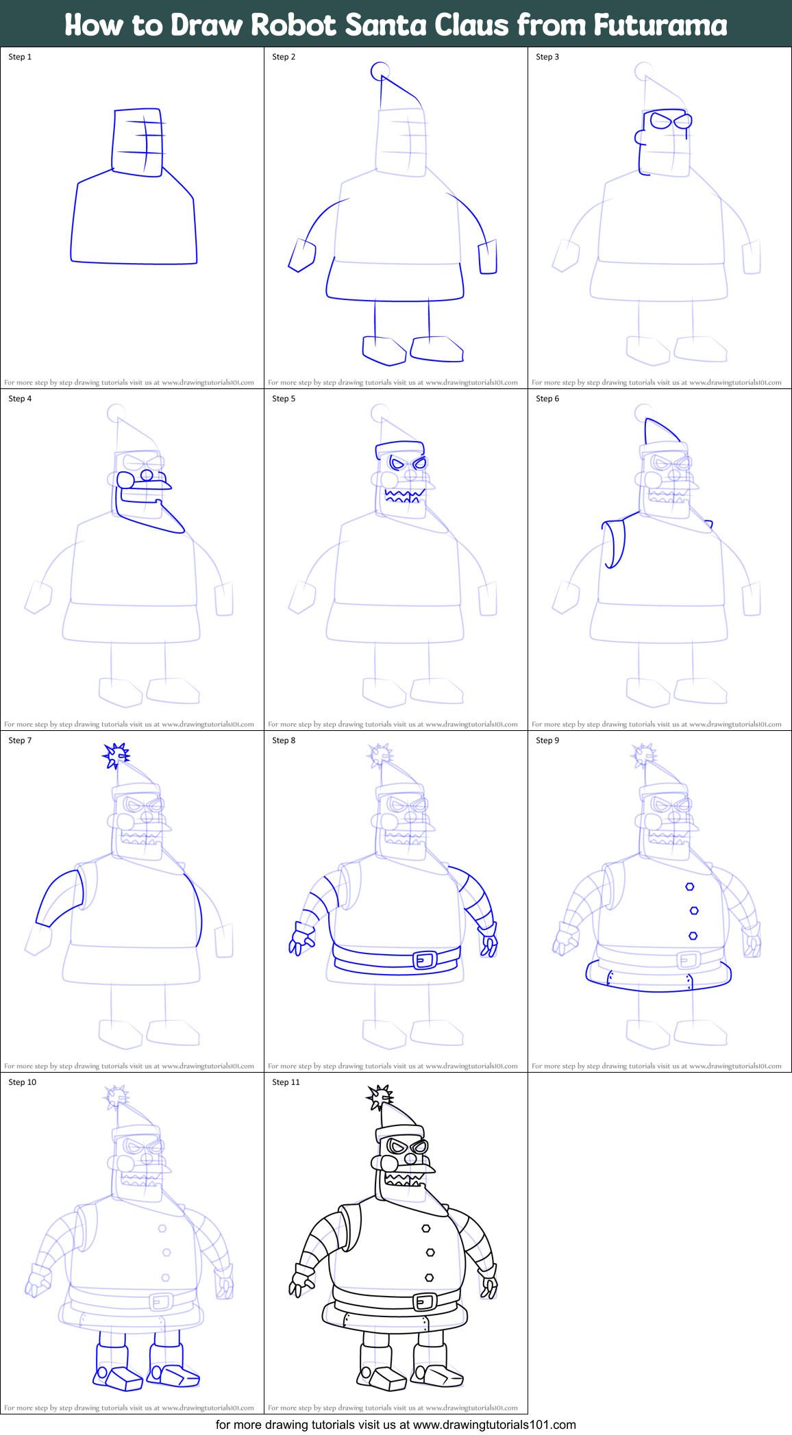 How to Draw Robot Santa Claus from Futurama Printable Step by Step