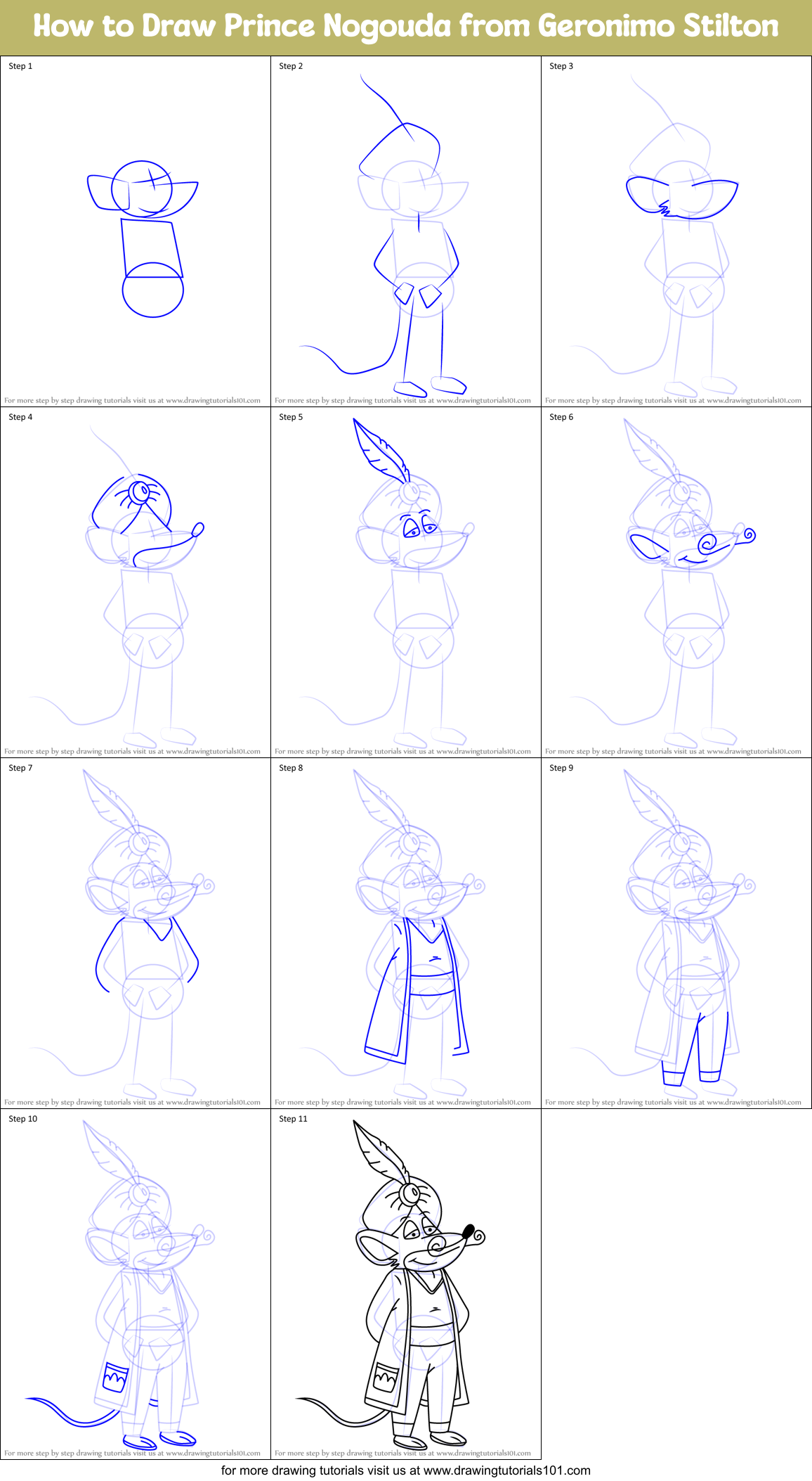 How to Draw Prince Nogouda from Geronimo Stilton Printable Step by Step