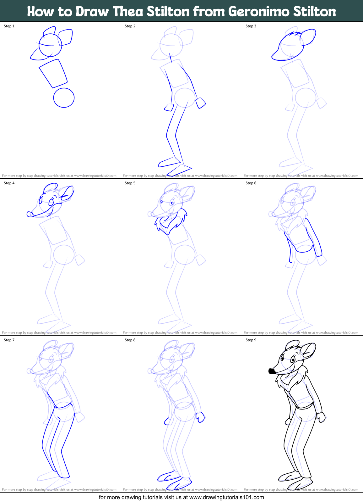 How to Draw Thea Stilton from Geronimo Stilton Printable Step by Step