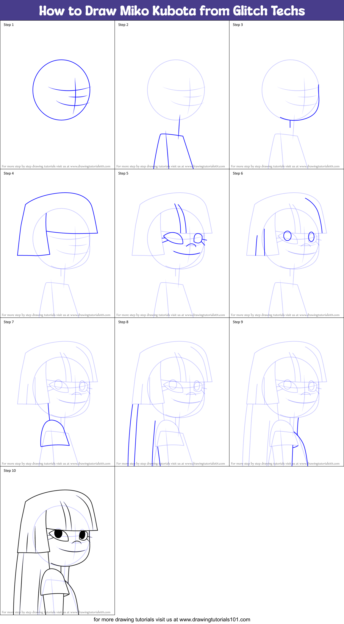 How to Draw Miko Kubota from Glitch Techs Printable Step by Step