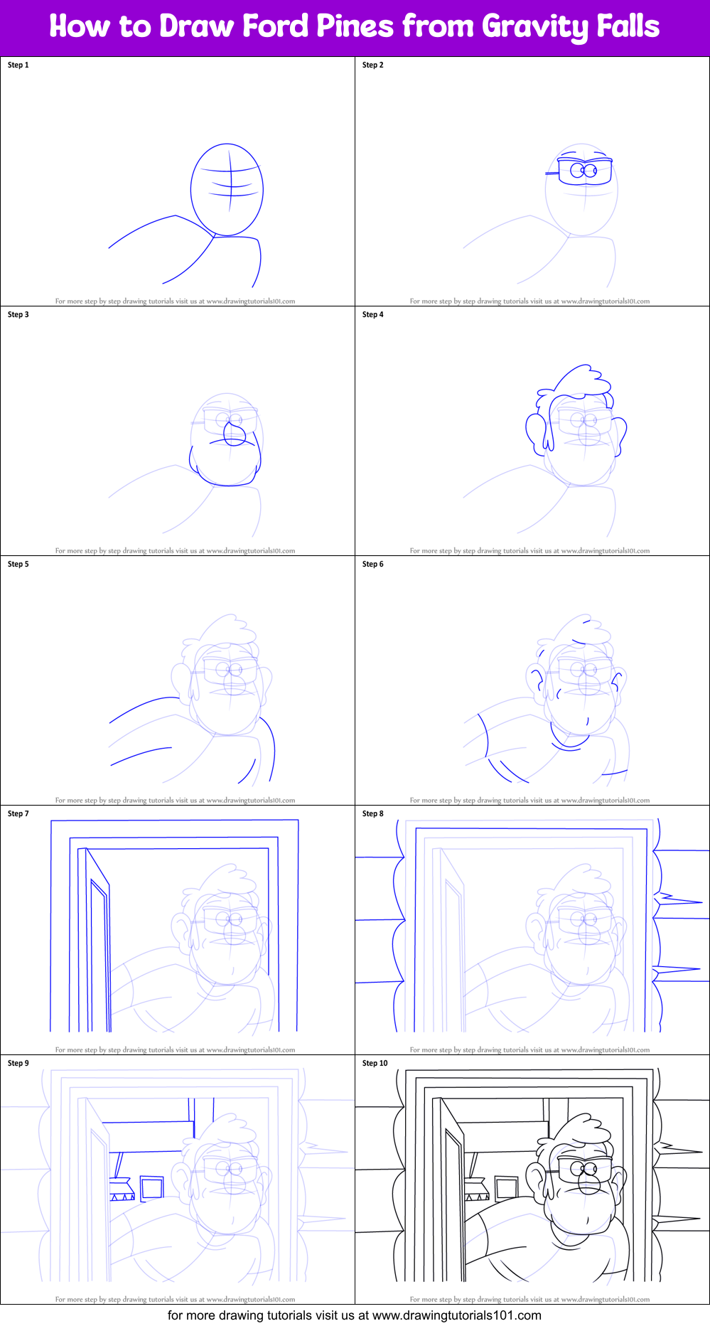 How to Draw Ford Pines from Gravity Falls Printable Step by Step
