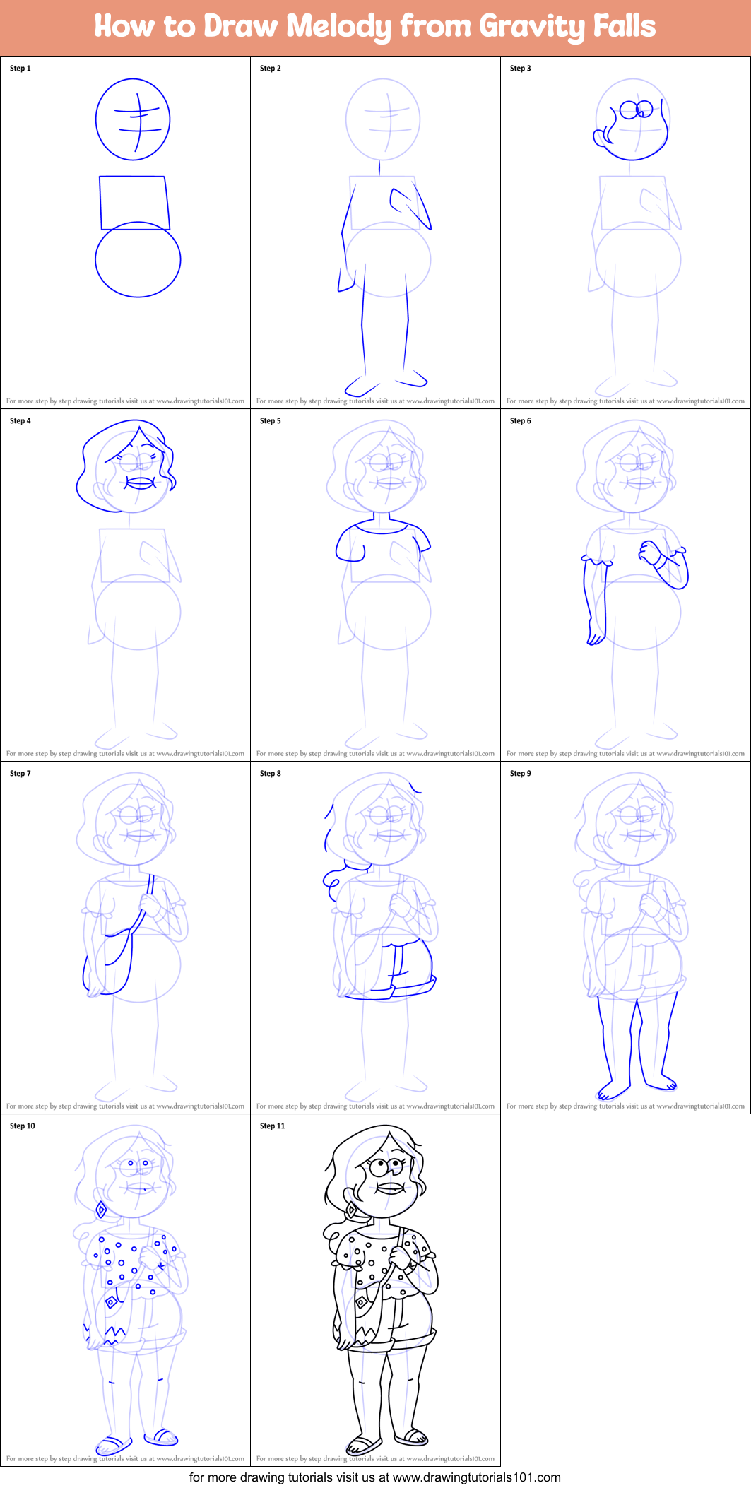 How to Draw Melody from Gravity Falls Printable Step by Step