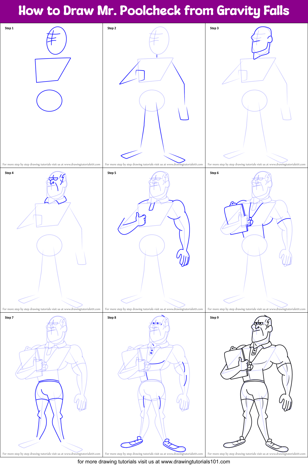 How to Draw Mr. Poolcheck from Gravity Falls Printable Step by Step