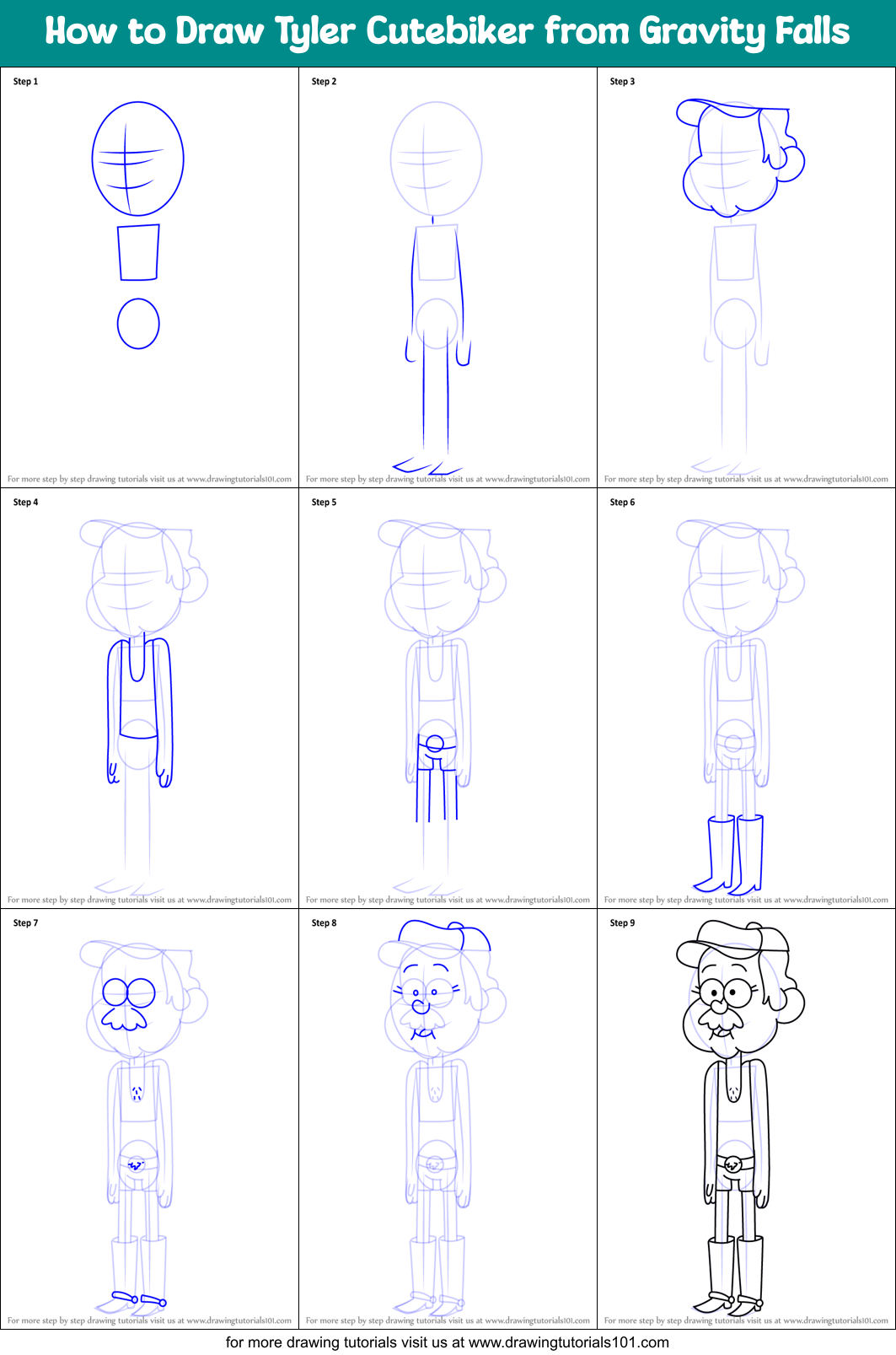 How to Draw Tyler Cutebiker from Gravity Falls Printable Step by Step