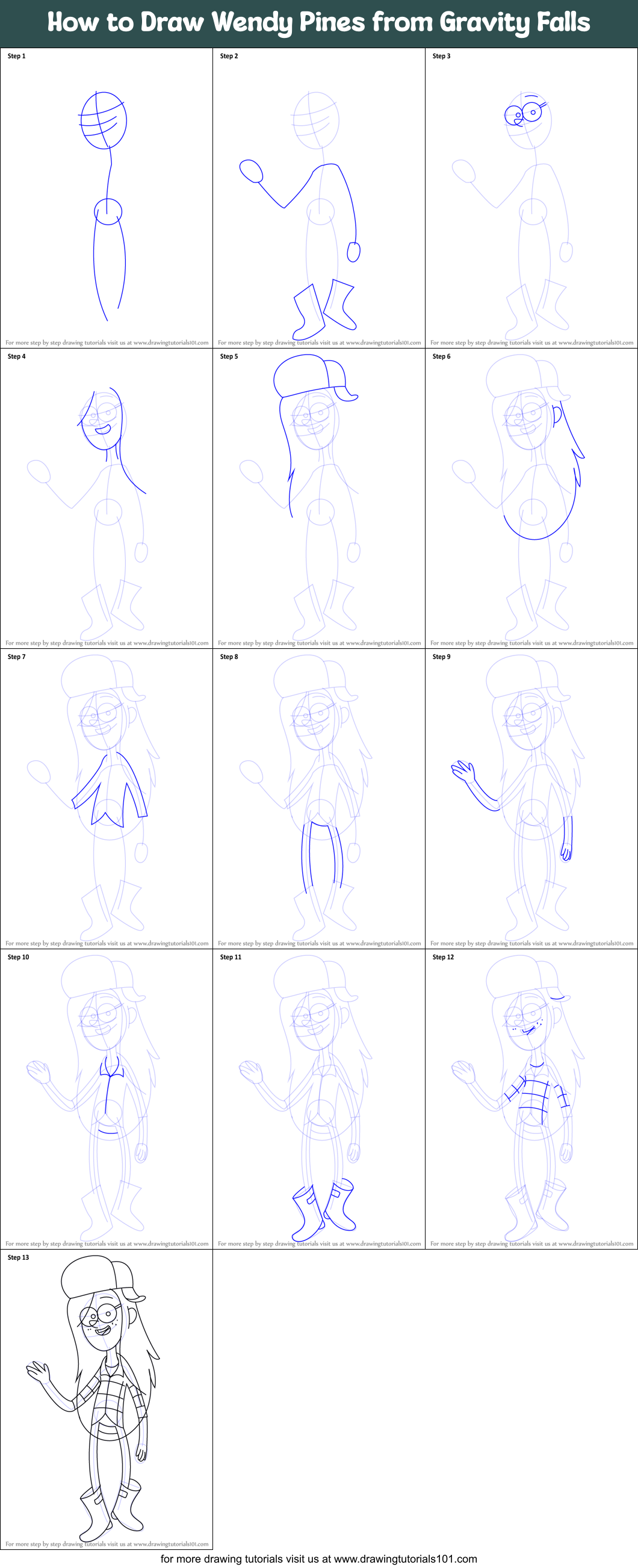How to Draw Wendy Pines from Gravity Falls Printable Step by Step