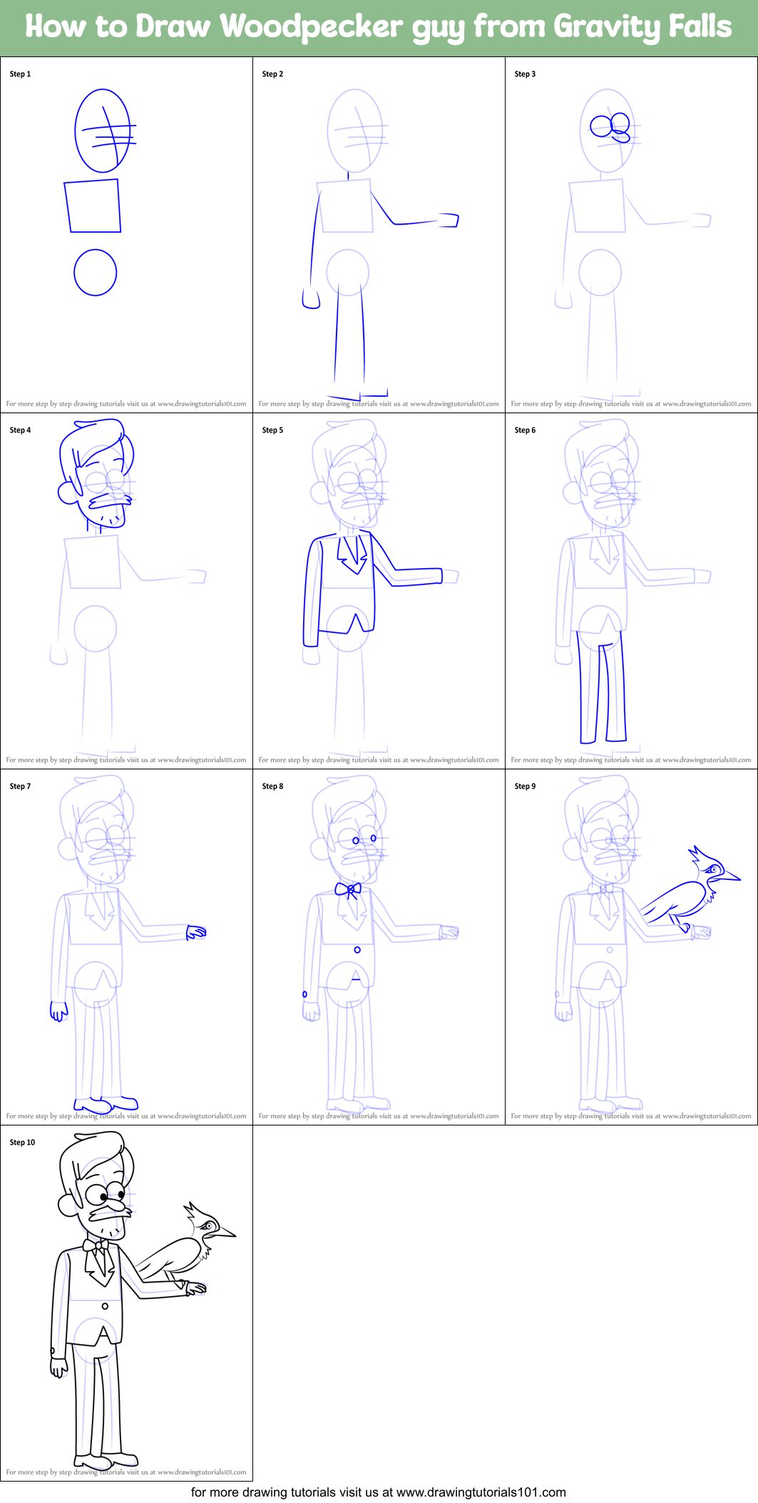 How to Draw Woodpecker guy from Gravity Falls Printable Step by Step