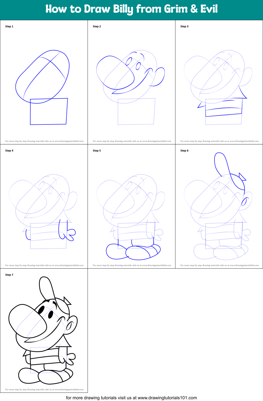 How to Draw Billy from Grim & Evil Printable Step by Step