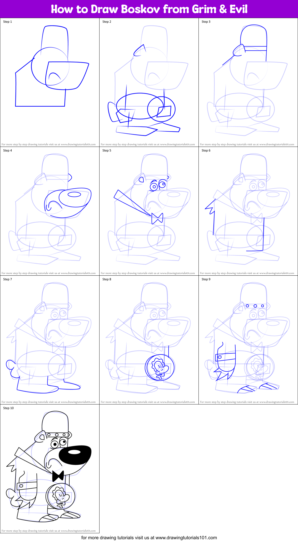How to Draw Boskov from Grim & Evil Printable Step by Step