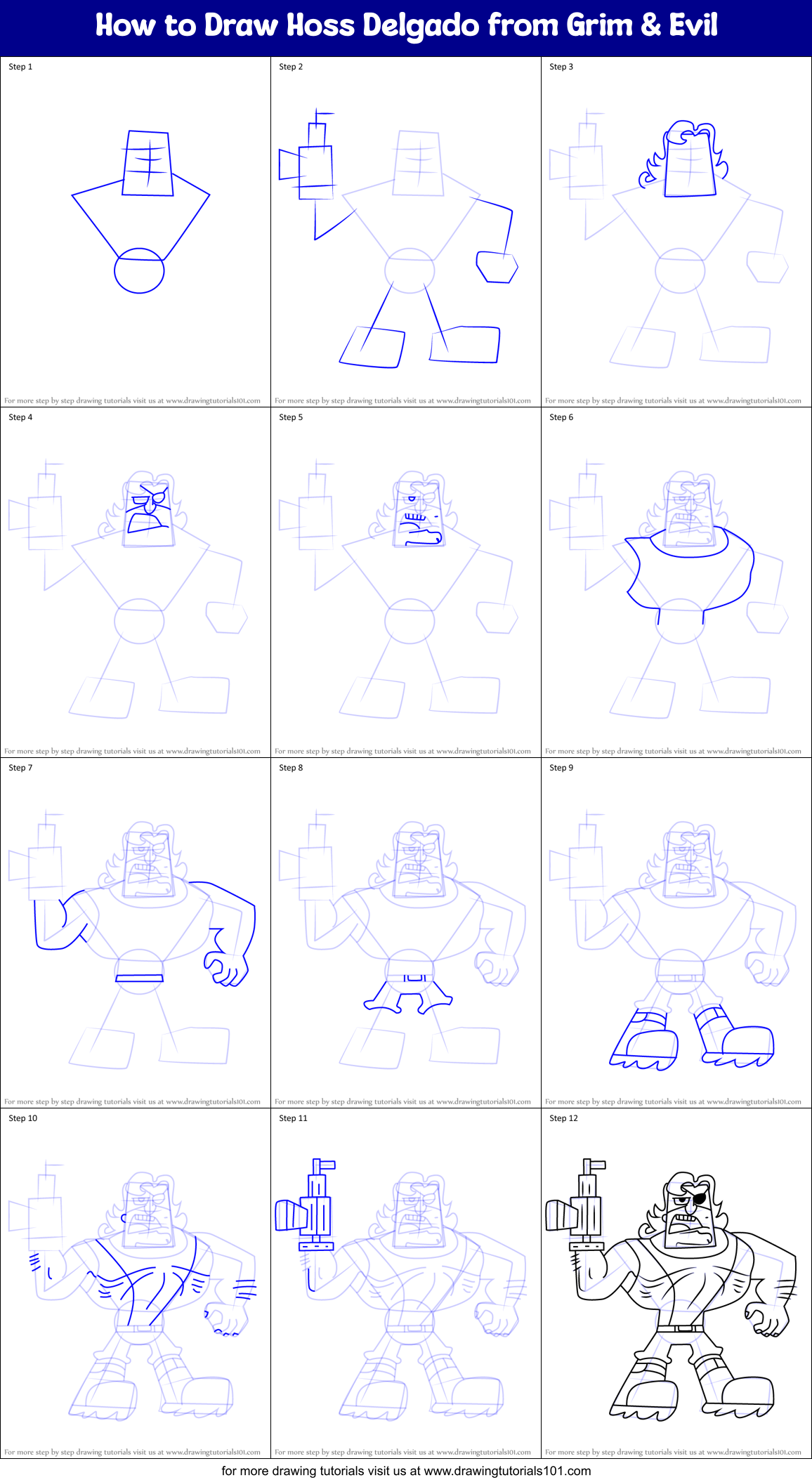How to Draw Hoss Delgado from Grim & Evil Printable Step by Step