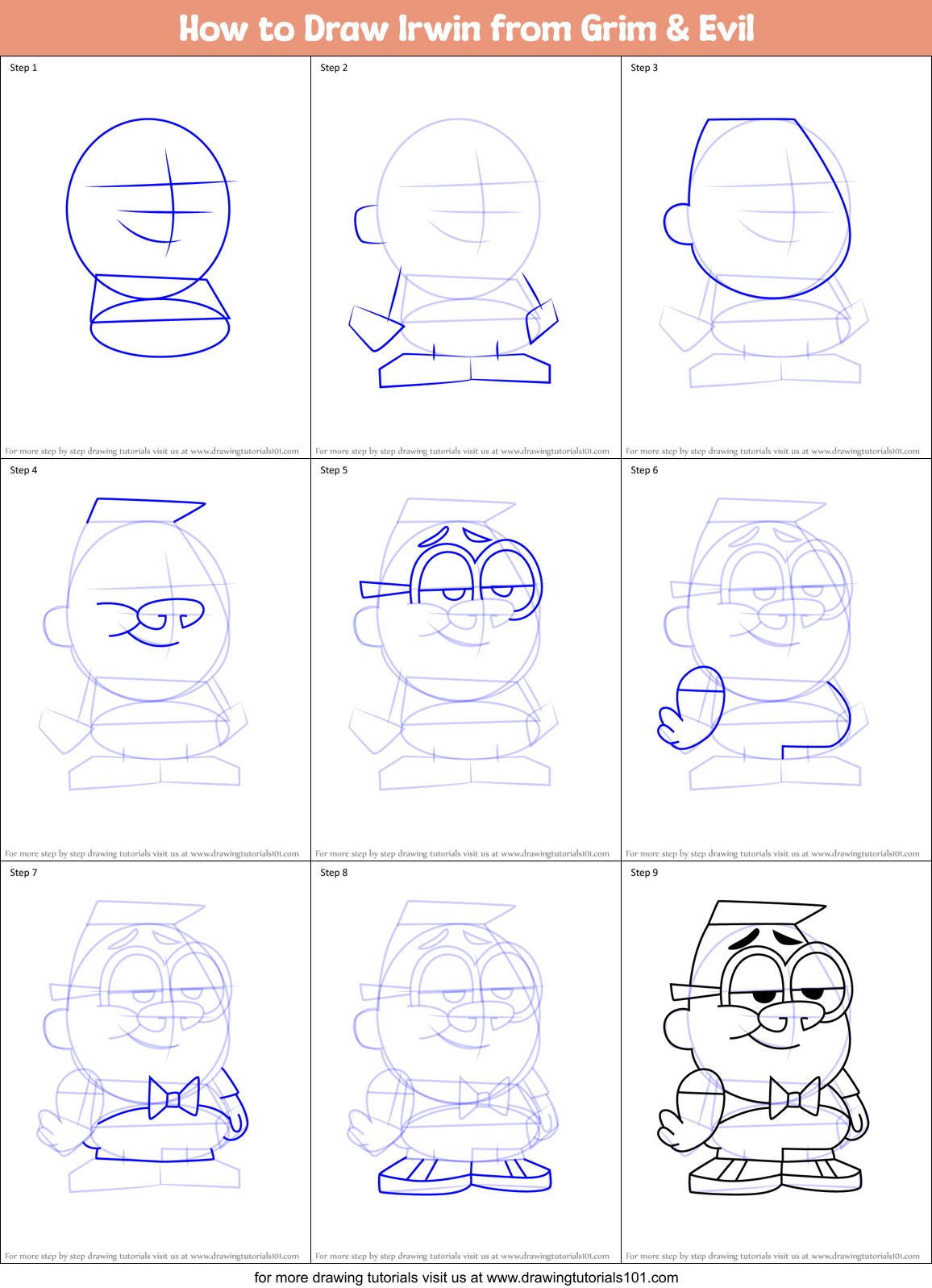 How to Draw Irwin from Grim & Evil Printable Step by Step