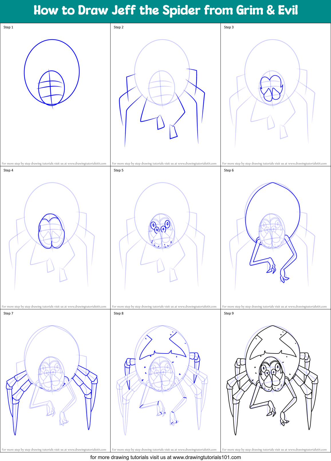 How to Draw Jeff the Spider from Grim & Evil Printable Step by Step