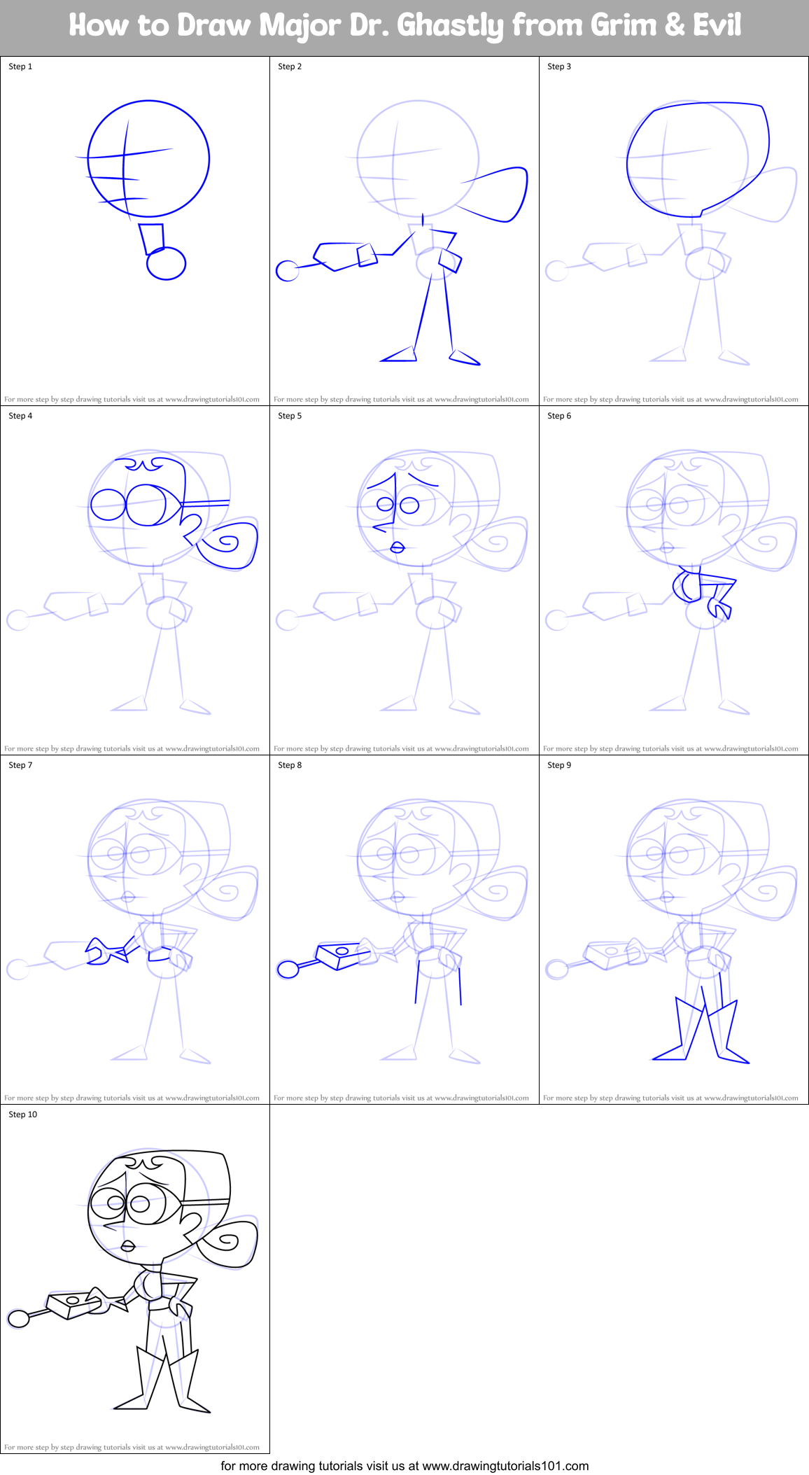 How to Draw Major Dr. Ghastly from Grim & Evil Printable Step by Step