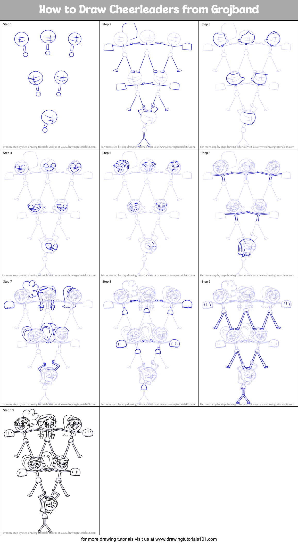How to Draw Cheerleaders from Grojband Printable Step by Step