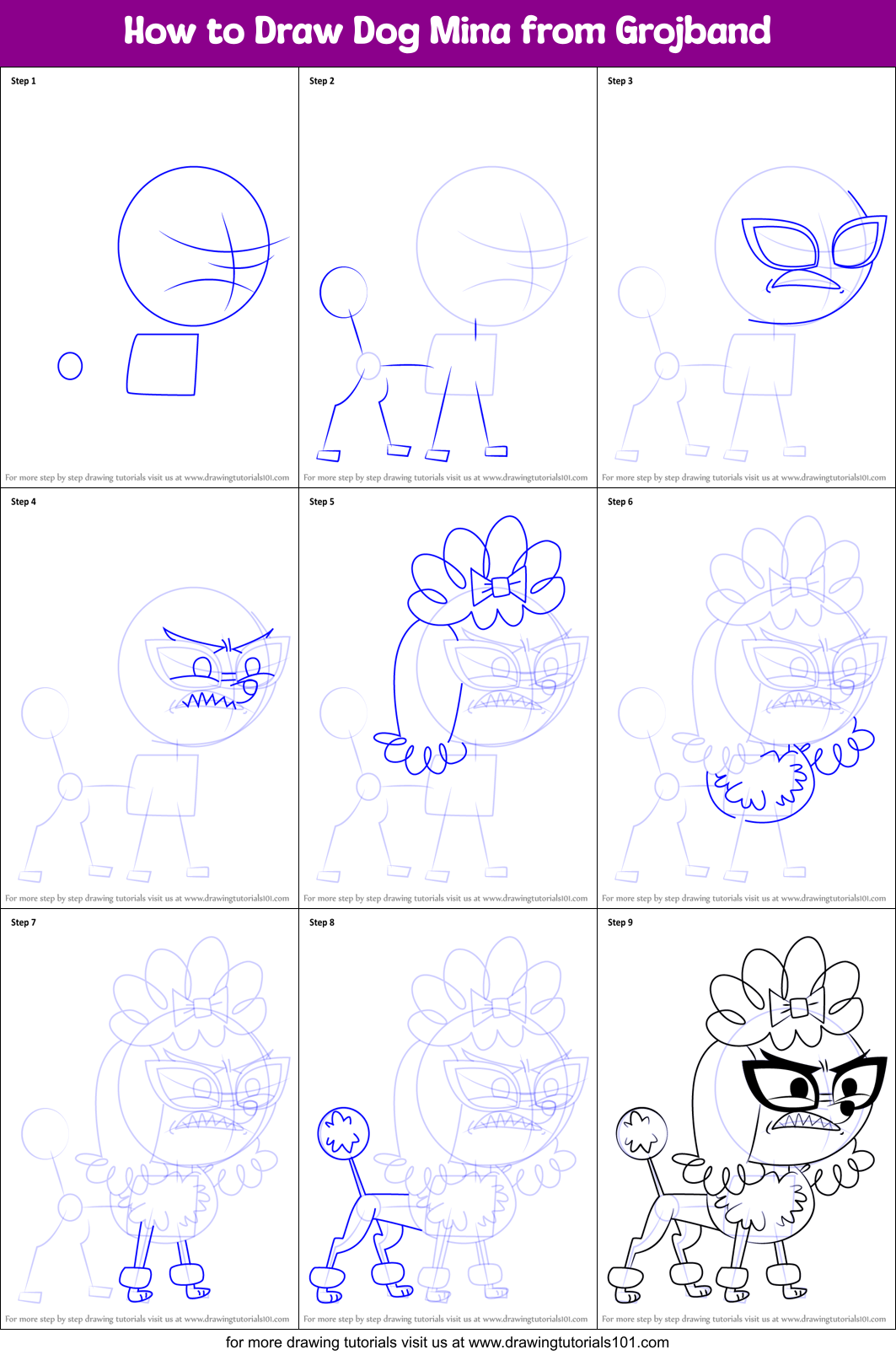 How to Draw Dog Mina from Grojband Printable Step by Step