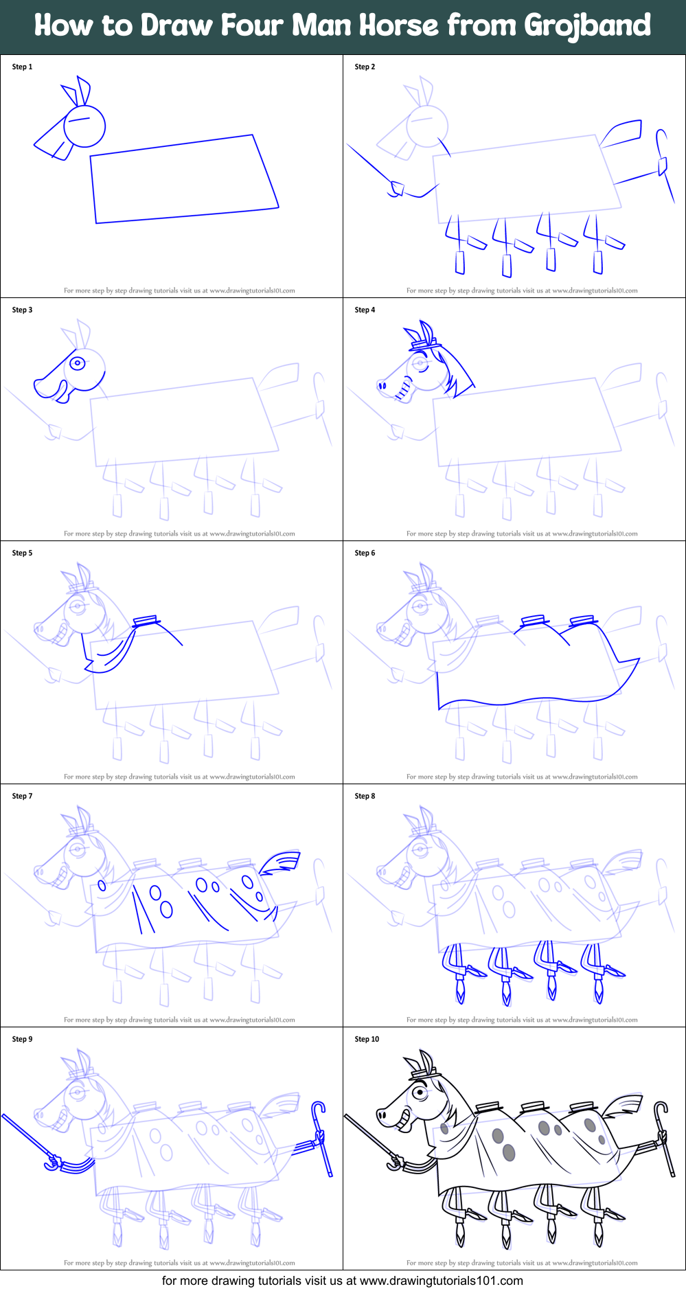 How to Draw Four Man Horse from Grojband Printable Step by Step
