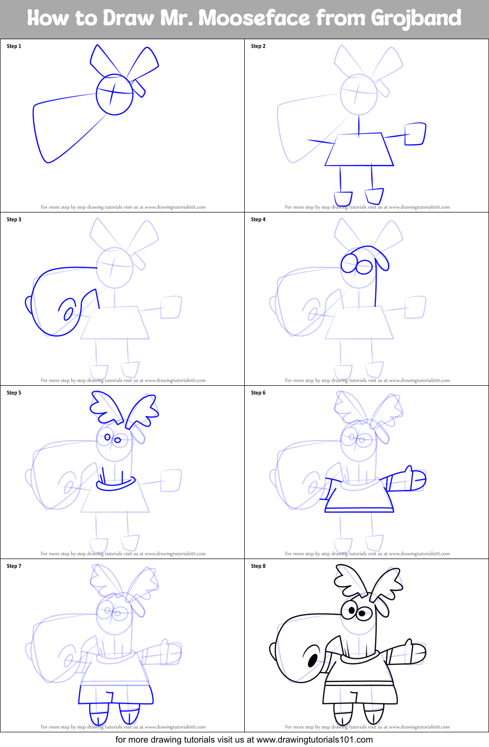 How to Draw Mr. Mooseface from Grojband Printable Step by Step