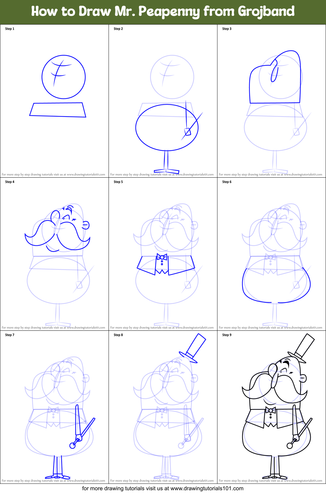 How to Draw Mr. Peapenny from Grojband Printable Step by Step