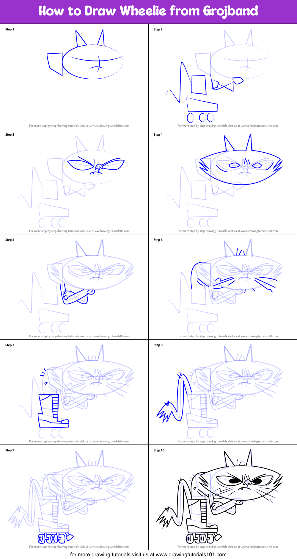 How to Draw Wheelie from Grojband Printable Step by Step