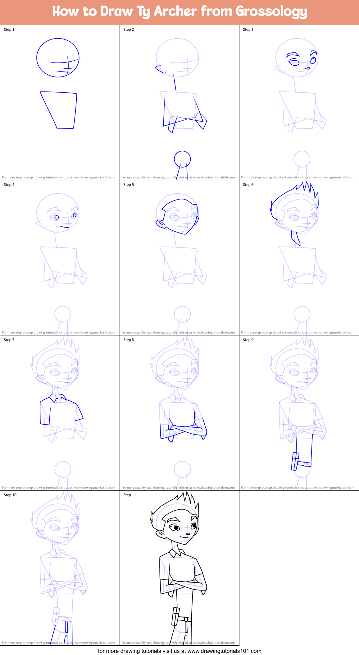 How to Draw Ty Archer from Grossology Printable Step by Step
