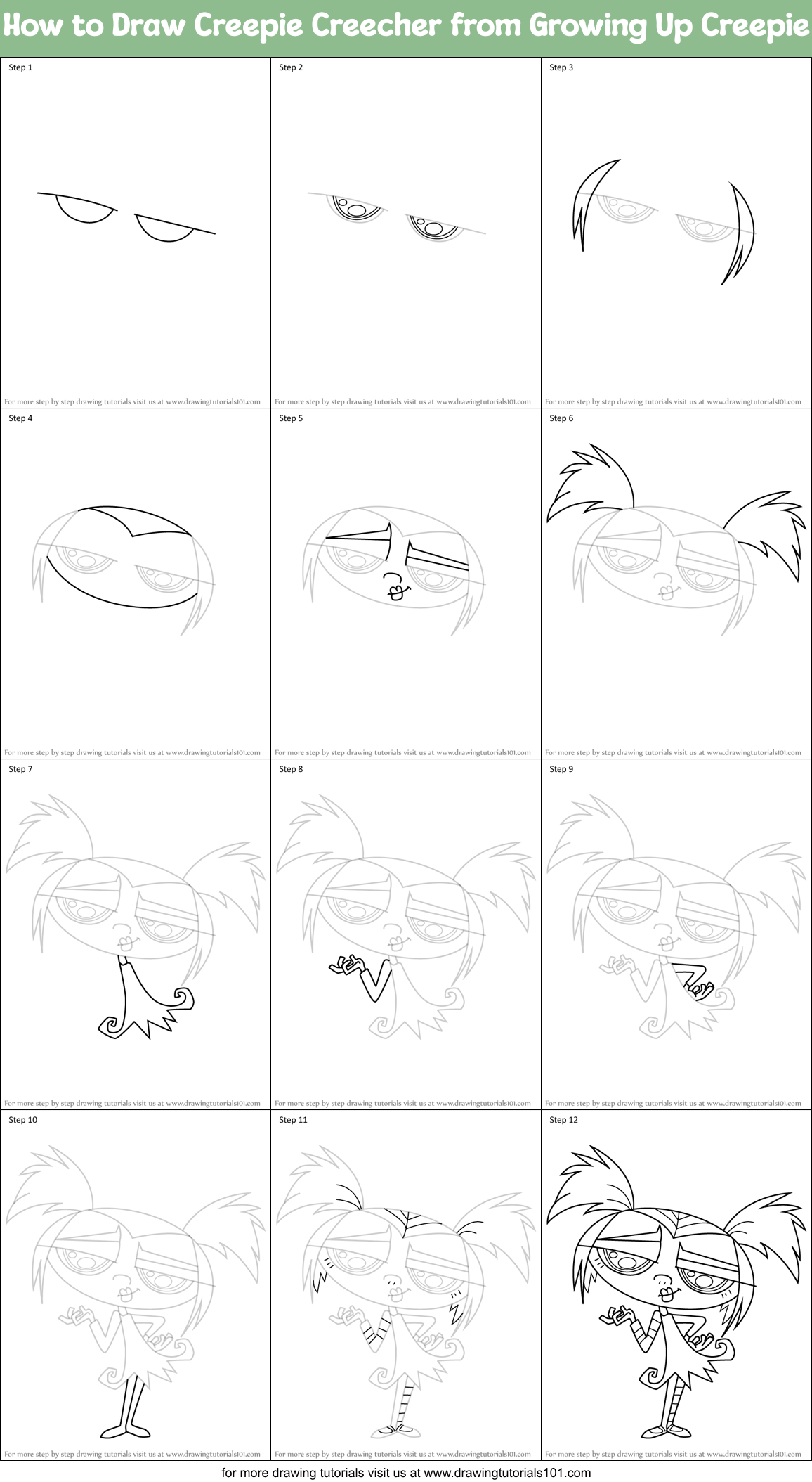 How to Draw Creepie Creecher from Growing Up Creepie Printable Step by Step