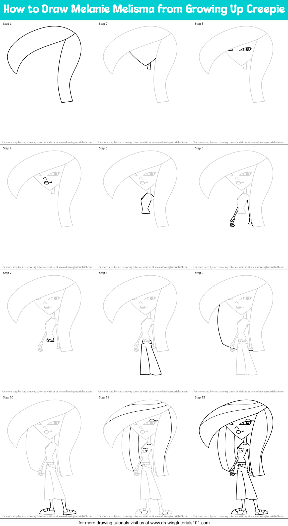 How to Draw Melanie Melisma from Growing Up Creepie Printable Step by Step