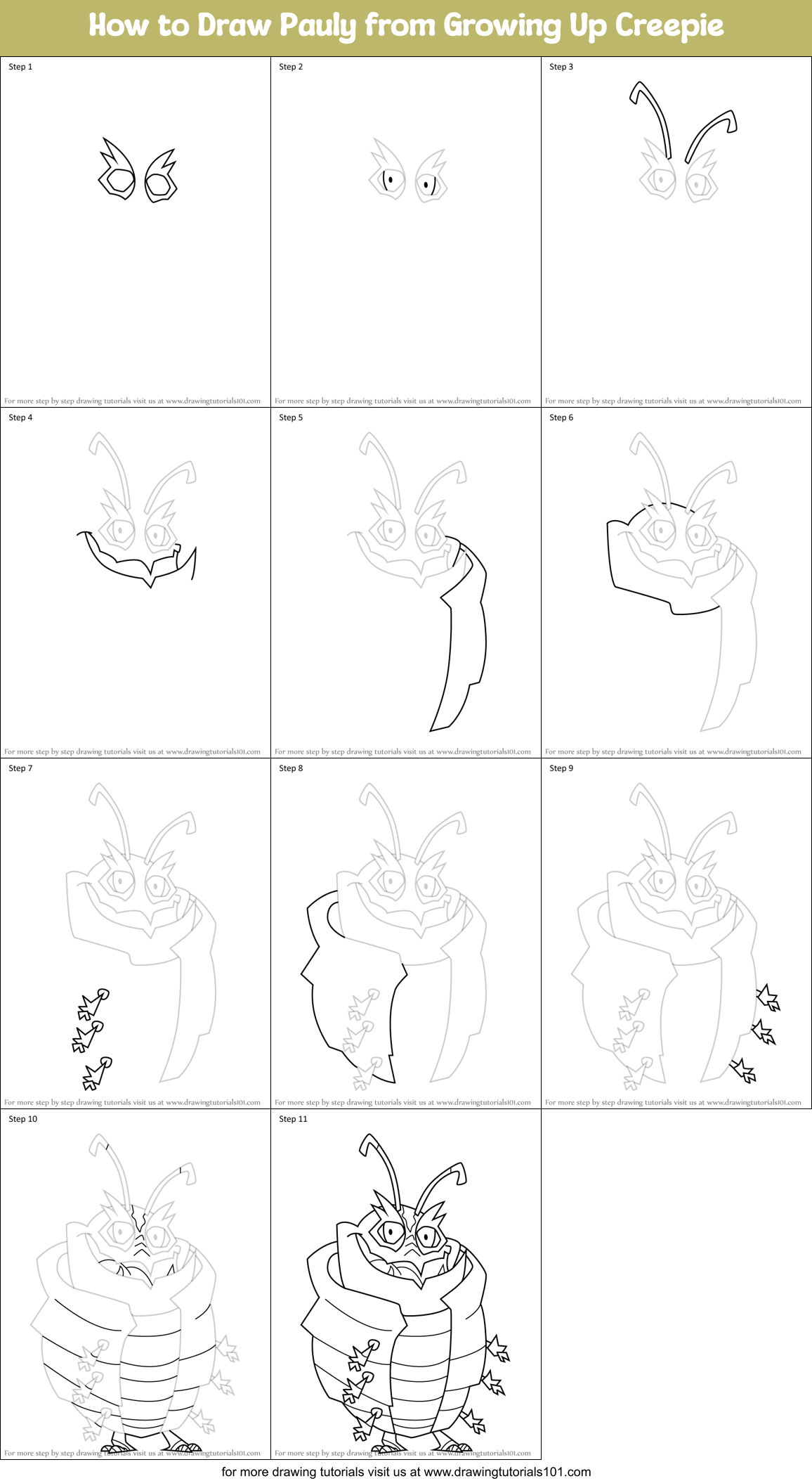 How to Draw Pauly from Growing Up Creepie Printable Step by Step