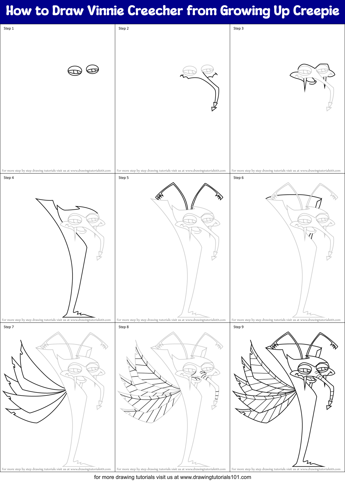 How to Draw Vinnie Creecher from Growing Up Creepie Printable Step by Step