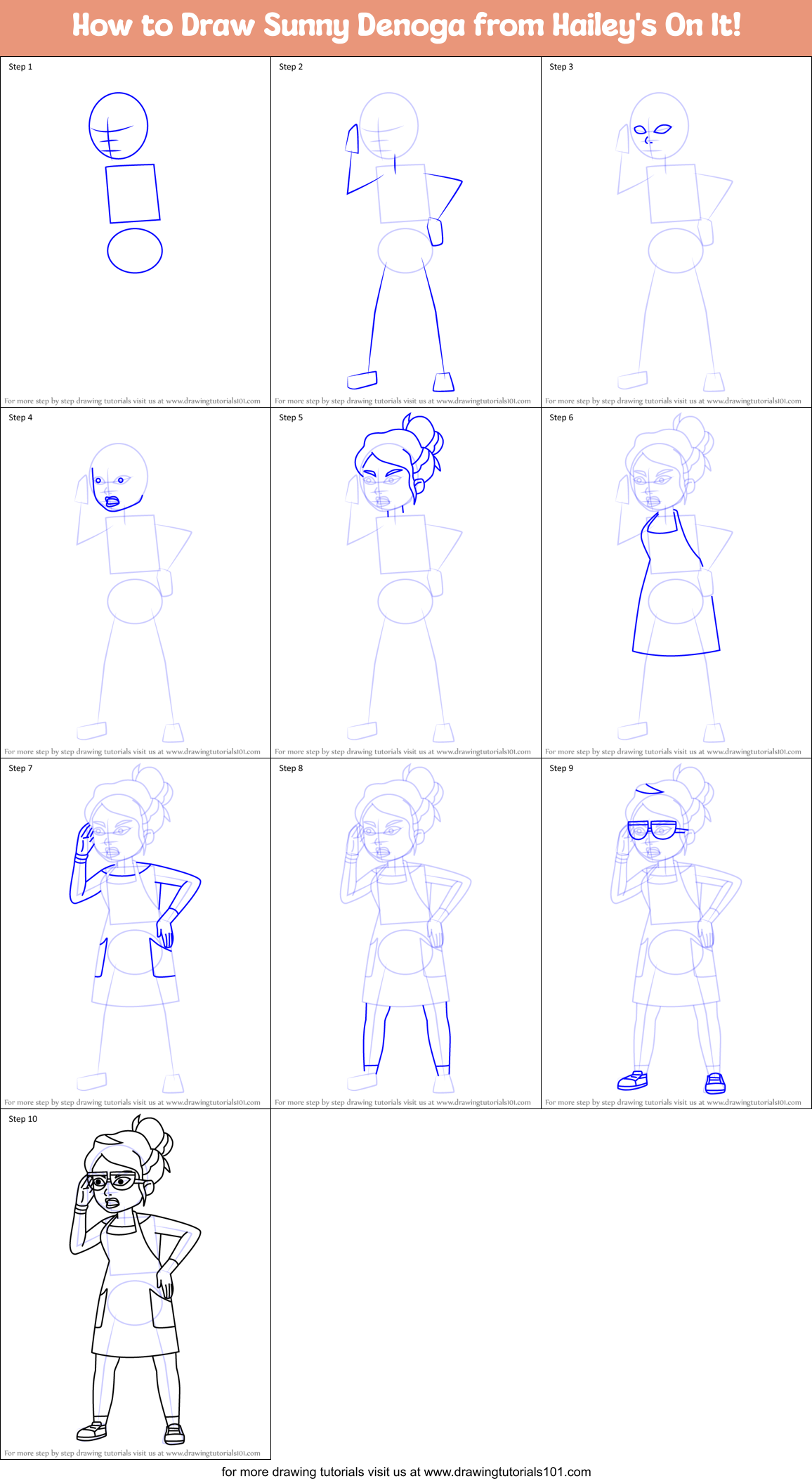 How to Draw Sunny Denoga from Hailey's On It! Printable Step by Step
