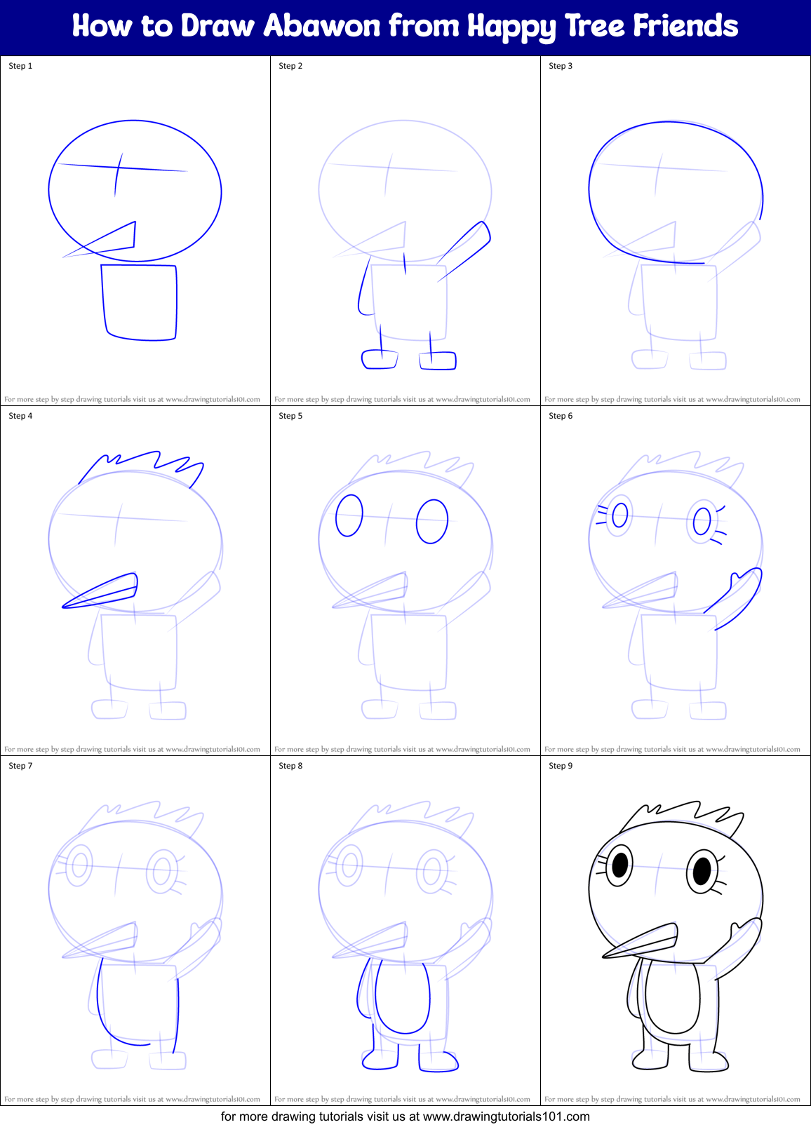 How to Draw Abawon from Happy Tree Friends Printable Step by Step