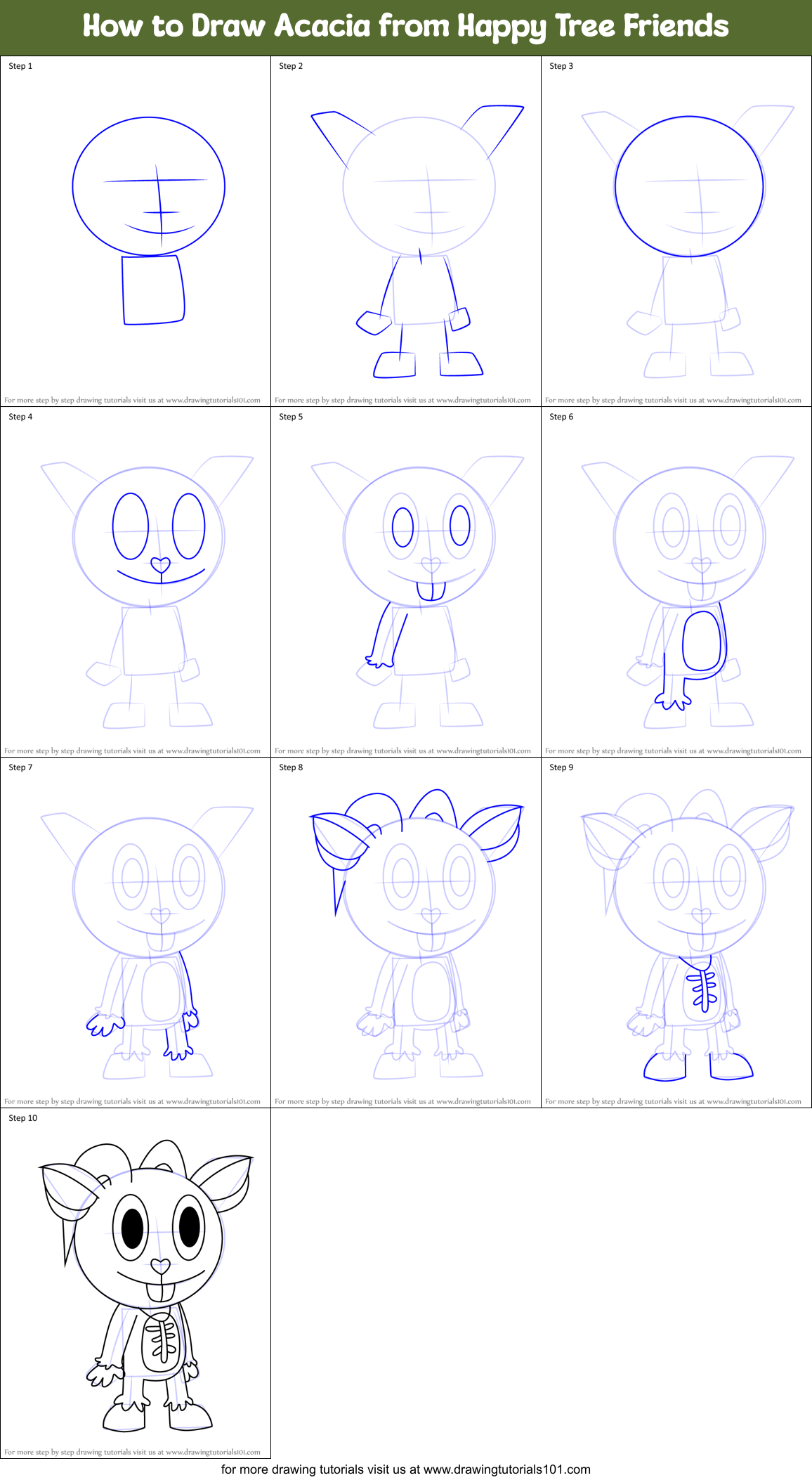 How to Draw Acacia from Happy Tree Friends Printable Step by Step