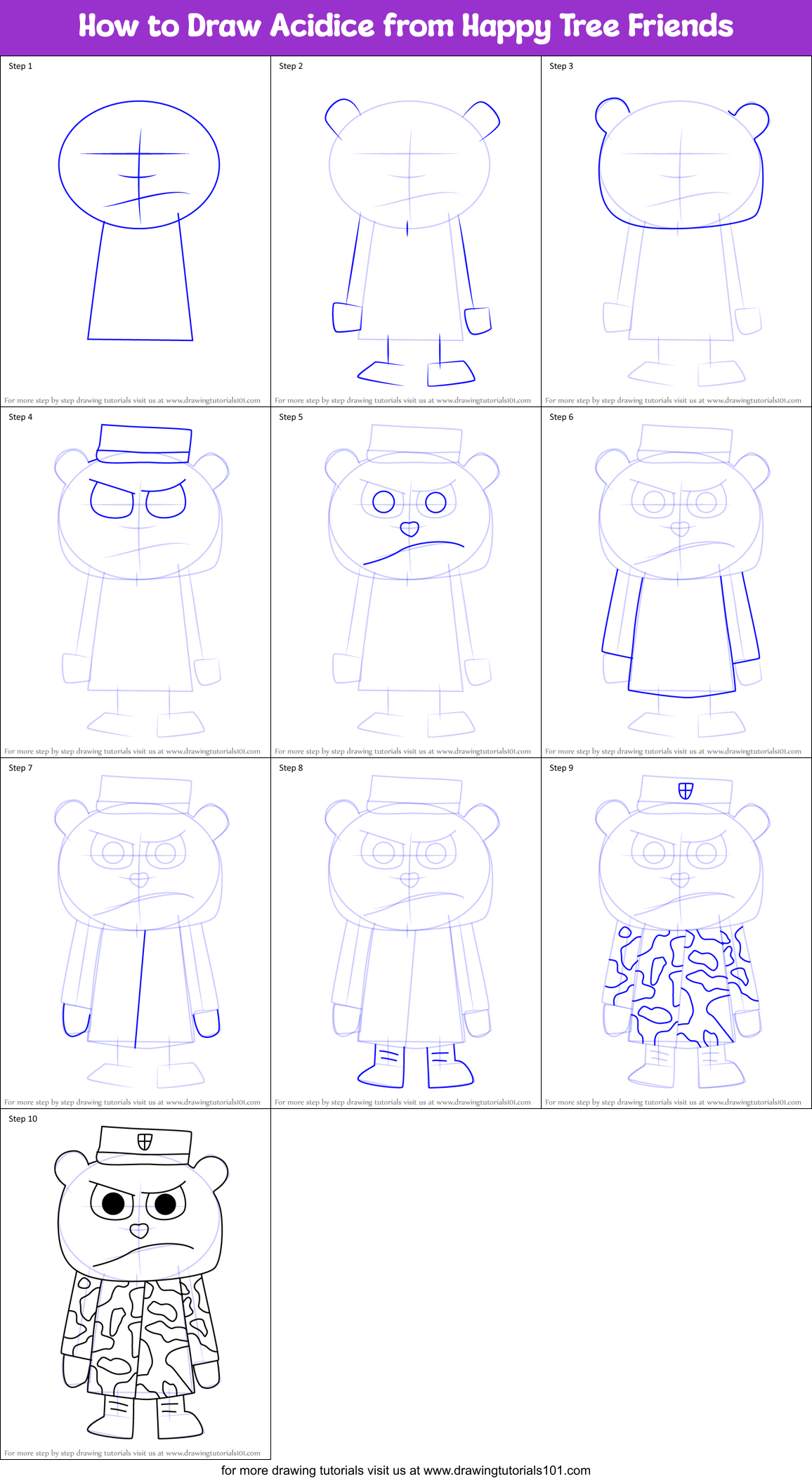 How to Draw Acidice from Happy Tree Friends Printable Step by Step