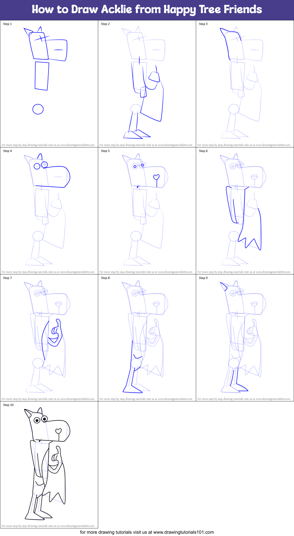 How to Draw Acklie from Happy Tree Friends Printable Step by Step