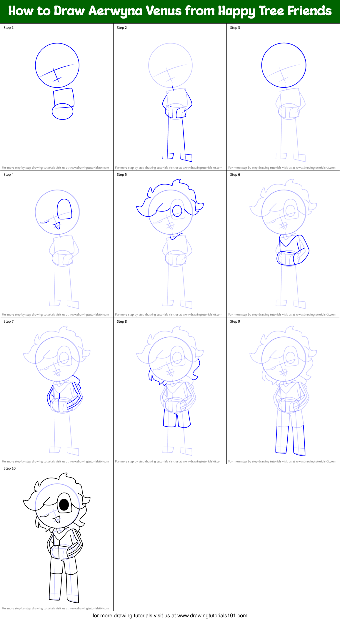 How to Draw Aerwyna Venus from Happy Tree Friends Printable Step by Step