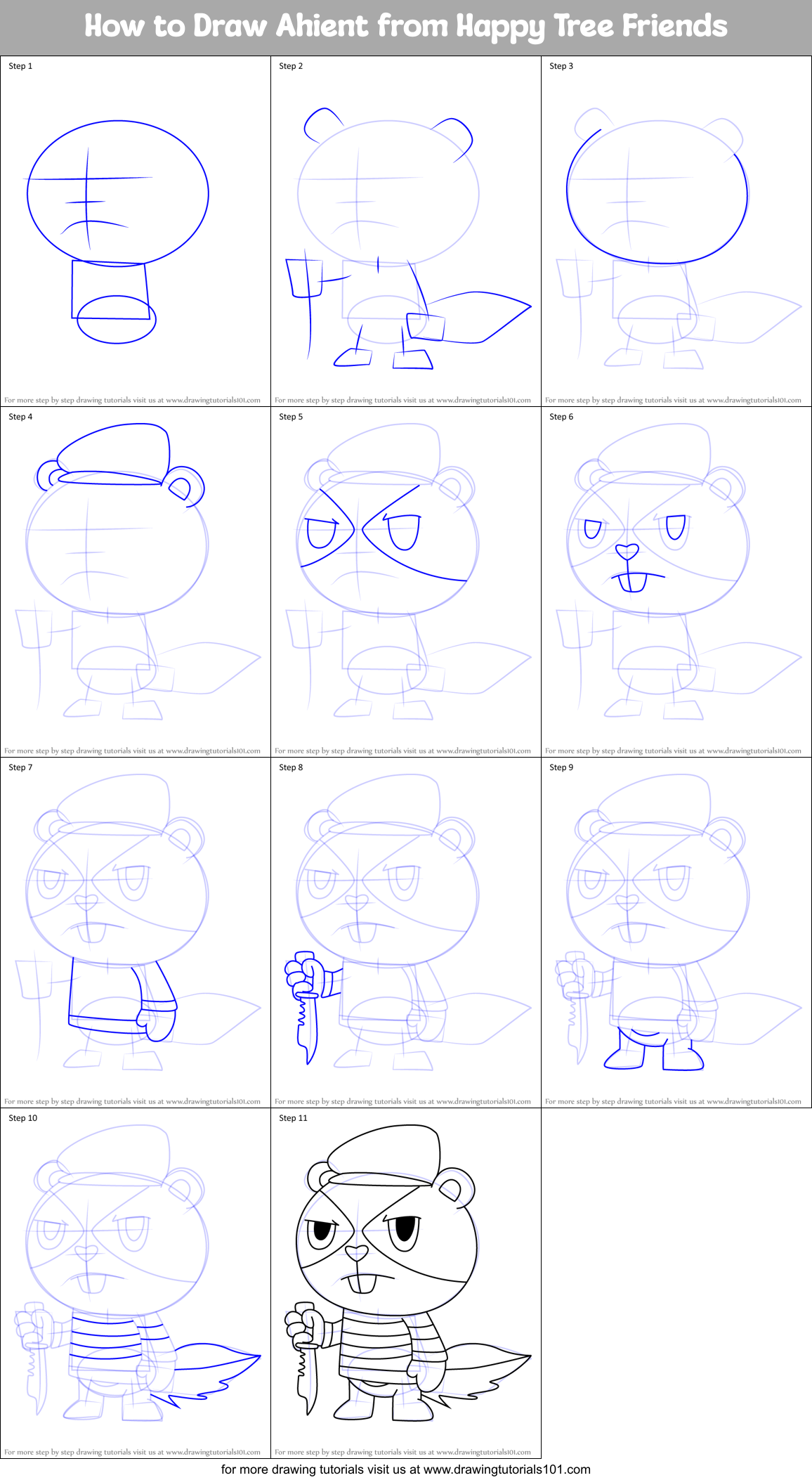 How to Draw Ahient from Happy Tree Friends Printable Step by Step
