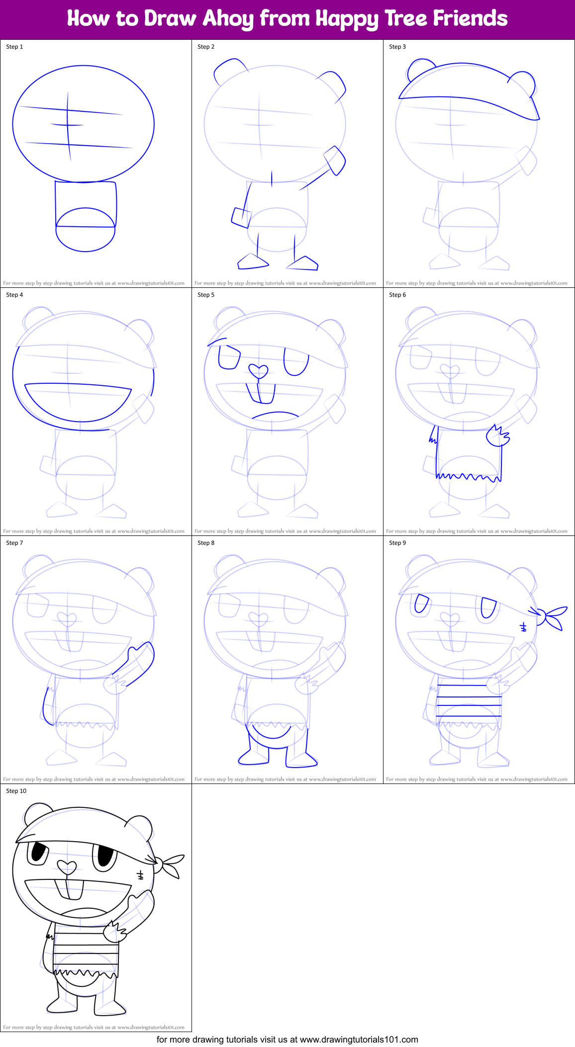 How to Draw Ahoy from Happy Tree Friends Printable Step by Step